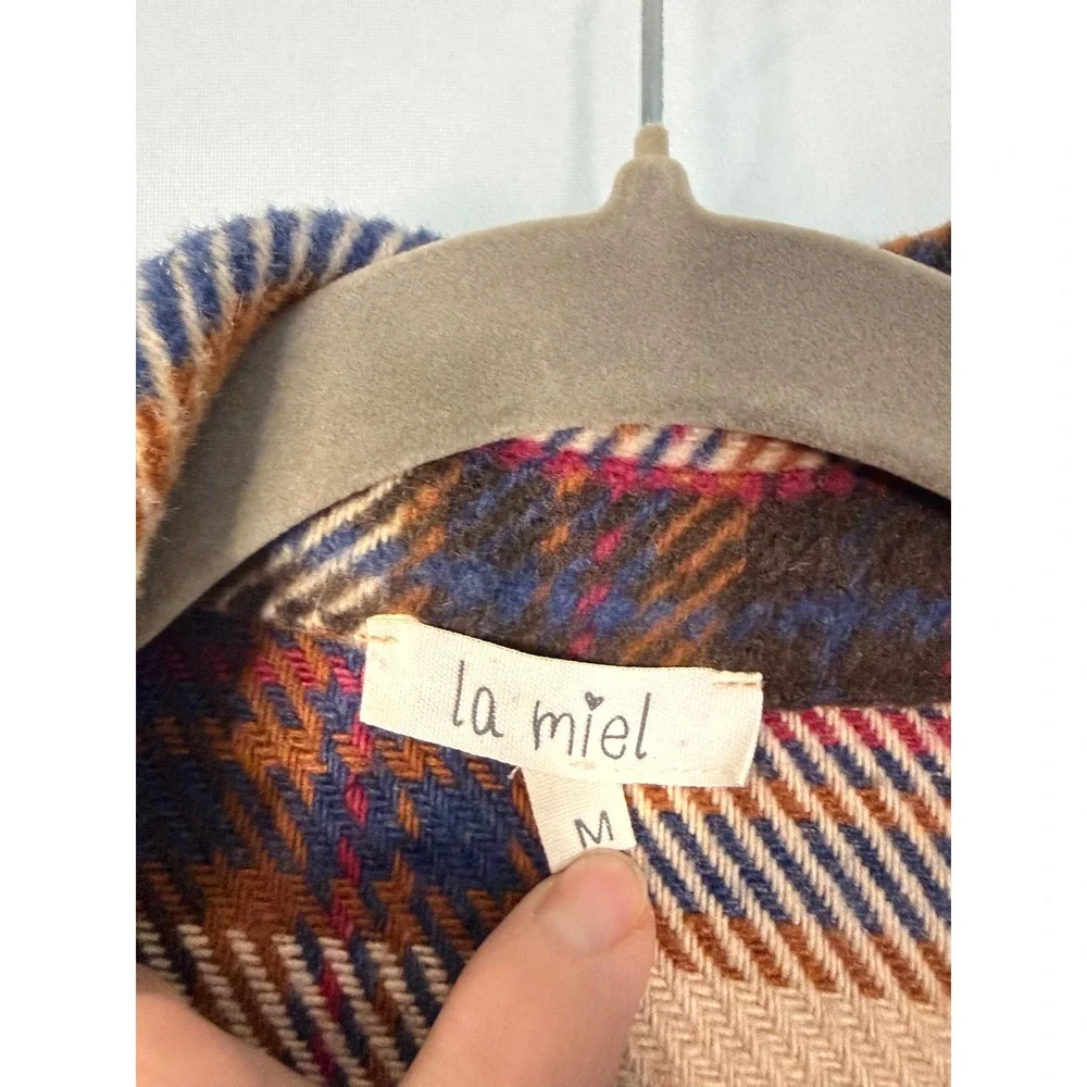 La Miel Plaid Wool Blend Shacket Womens Medium Tan Blue‎ Distressed JKT1797